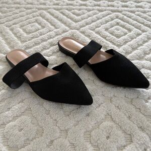 Semwiss Black Ribbed Pointed Toe Mule Flats – Size 37 – Slip On Minimalist Chic